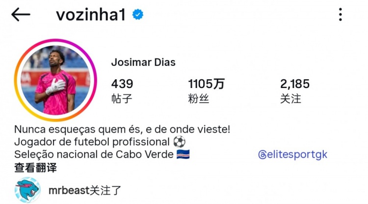 佛得角门将社媒粉丝破千万，超越12名NBA巨星