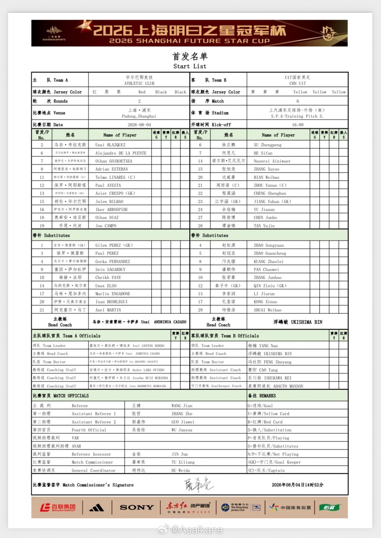 中国U17对阵毕尔巴鄂首发公布 大轮换仅保留周雨诺